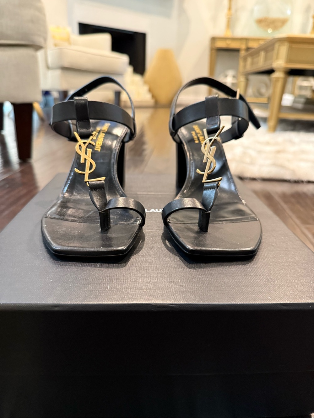 Saint Laurent Black Leather T-Strap Sandals with Gold YSL Logo